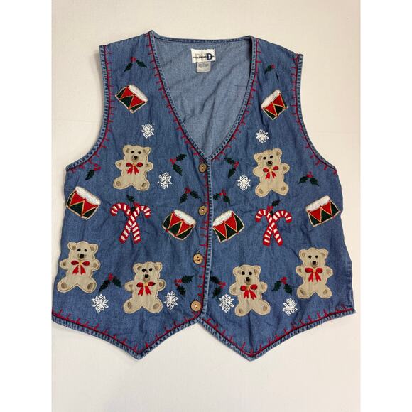 Vintage 80s Christmas Bear Embroidered Denim Vest | Whimsy Grandmacore | Size M - Picture 5 of 9